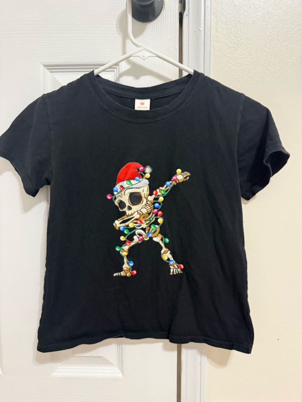 Black Kids Short Sleeve Tee with Dabbing Skull and Lights - Holiday Graphic